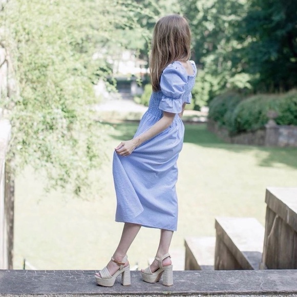 Damaris Bailey Azul Dress Smocked Puff Sleeve Midi Gingham Blue Large NWT - Picture 7 of 7